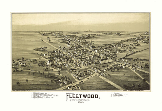 Historic Panoramic View - Fleetwood Pennsylvania - Fowler 1893 - 33.51 x 23 - Vintage Wall Art