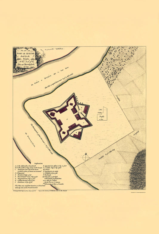 Historic Revolutionary War Map - Fort Le Quesne Duquesne Pittsburg Pennsylvania - Sayer 1768 - 23 x 66 - Vintage Wall Art