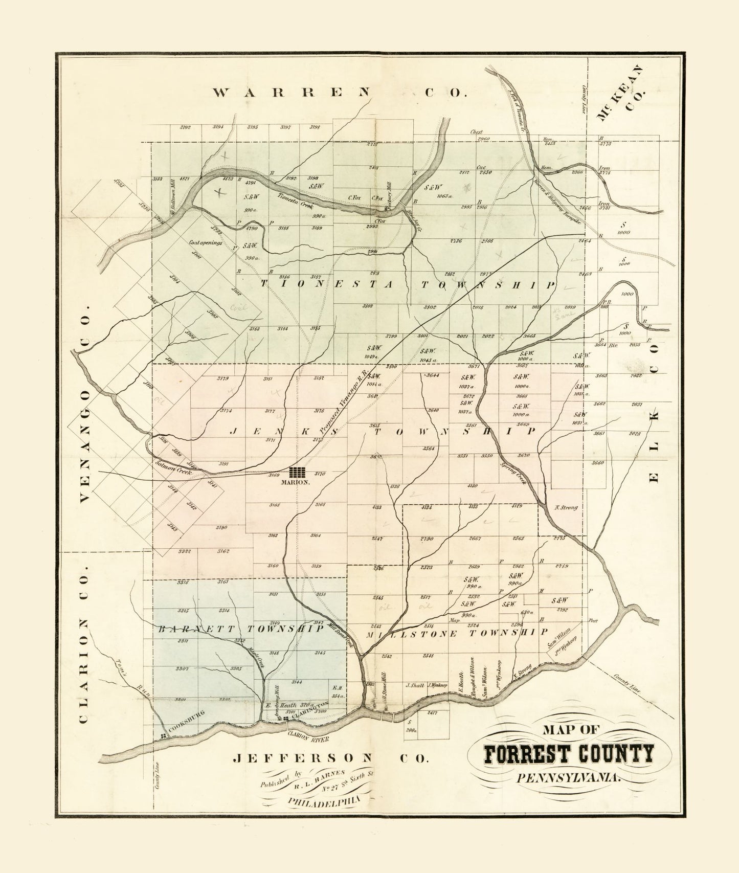 Historic County Map - Forest County Pennsylvania - Barnes 1858 - 23 x 27.17 - Vintage Wall Art