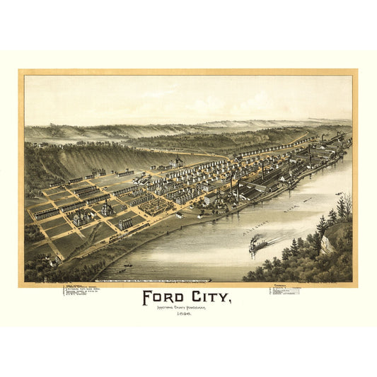 Historic Panoramic View - Ford City Pennsylvania - Fowler 1896 - 31.36 x 23 - Vintage Wall Art