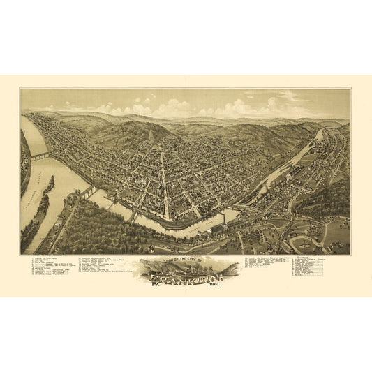 Historic Panoramic View - Franklin Pennsylvania - Fowler 1901 - 38.47 x 23 - Vintage Wall Art