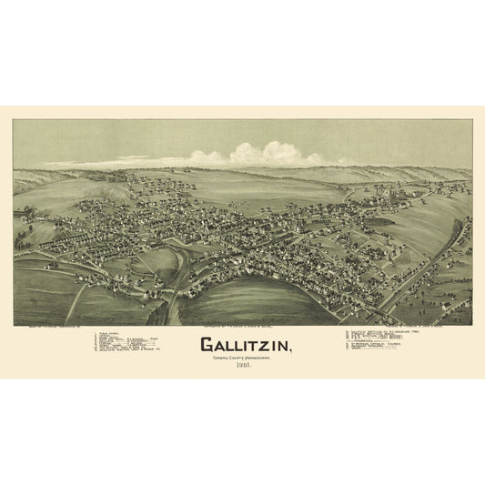 Historic Panoramic View - Gallitzin Pennsylvania - Fowler 1901 - 40.77 x 23 - Vintage Wall Art