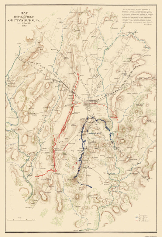 Historical Civil War Map - Gettysburg Pennsylvania Battlefield - Warren 1863 - 23 x 33.57 - Vintage Wall Art