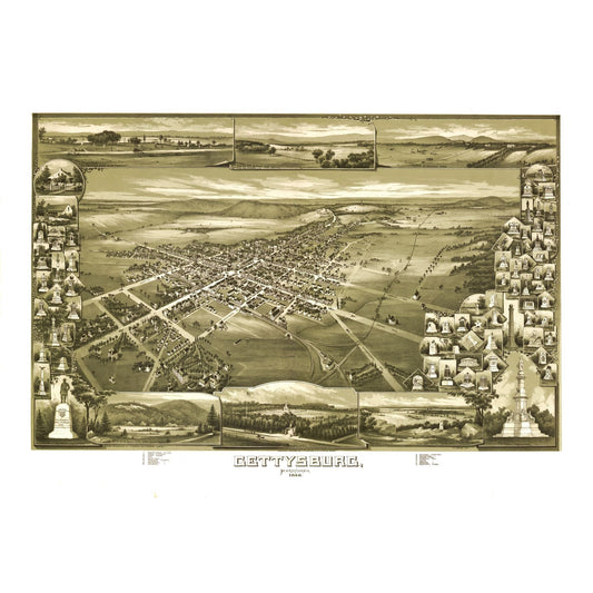 Historic Panoramic View - Gettysburg Pennsylvania - Downs 1888 - 33.84 x 23 - Vintage Wall Art