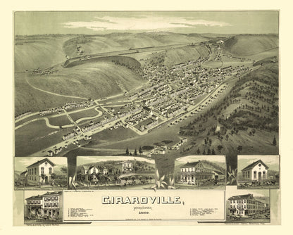 Historic Panoramic View - Girardville Pennsylvania - Fowler 1889 - 28.65 x 23 - Vintage Wall Art