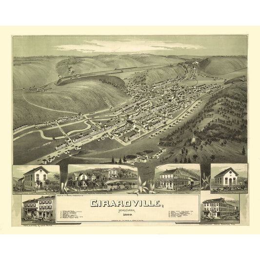 Historic Panoramic View - Girardville Pennsylvania - Fowler 1889 - 28.65 x 23 - Vintage Wall Art