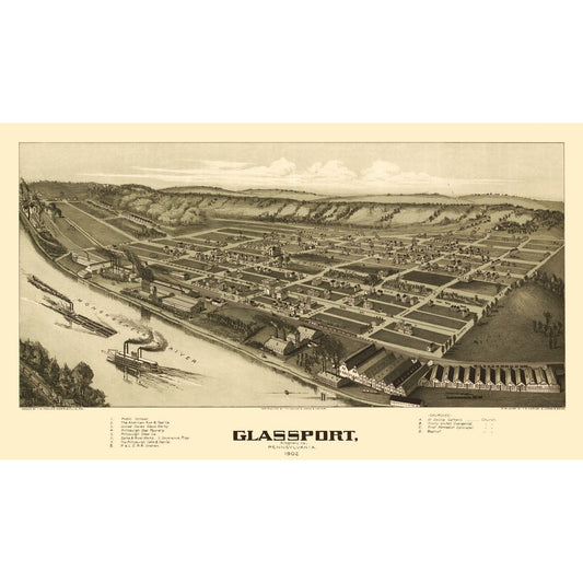 Historic Panoramic View - Glassport Pennsylvania - Fowler 1902 - 39.79 x 23 - Vintage Wall Art