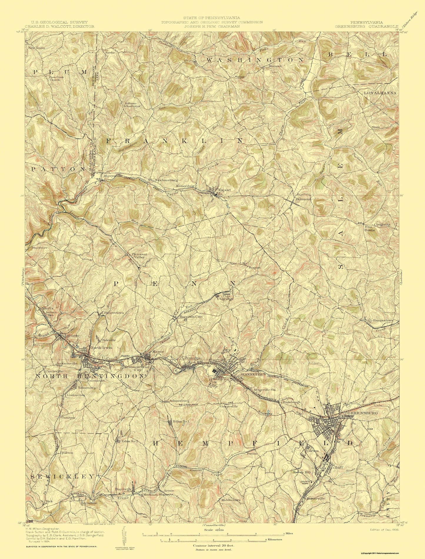 Topographical Map - Greensburg Pennsylvania Quad - USGS 1906 - 23 x 30.21 - Vintage Wall Art