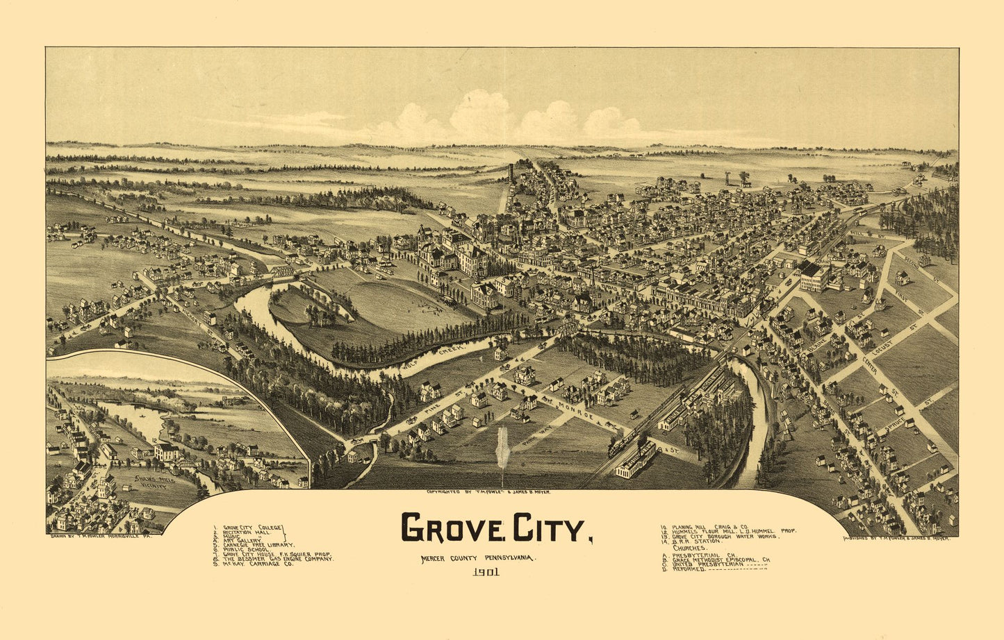 Historic Panoramic View - Grove City Pennsylvania - Fowler 1901 - 36.05 x 23 - Vintage Wall Art