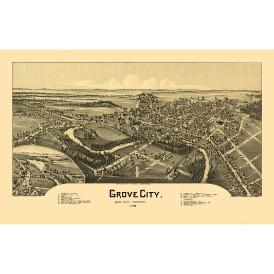 Historic Panoramic View - Grove City Pennsylvania - Fowler 1901 - 36.05 x 23 - Vintage Wall Art