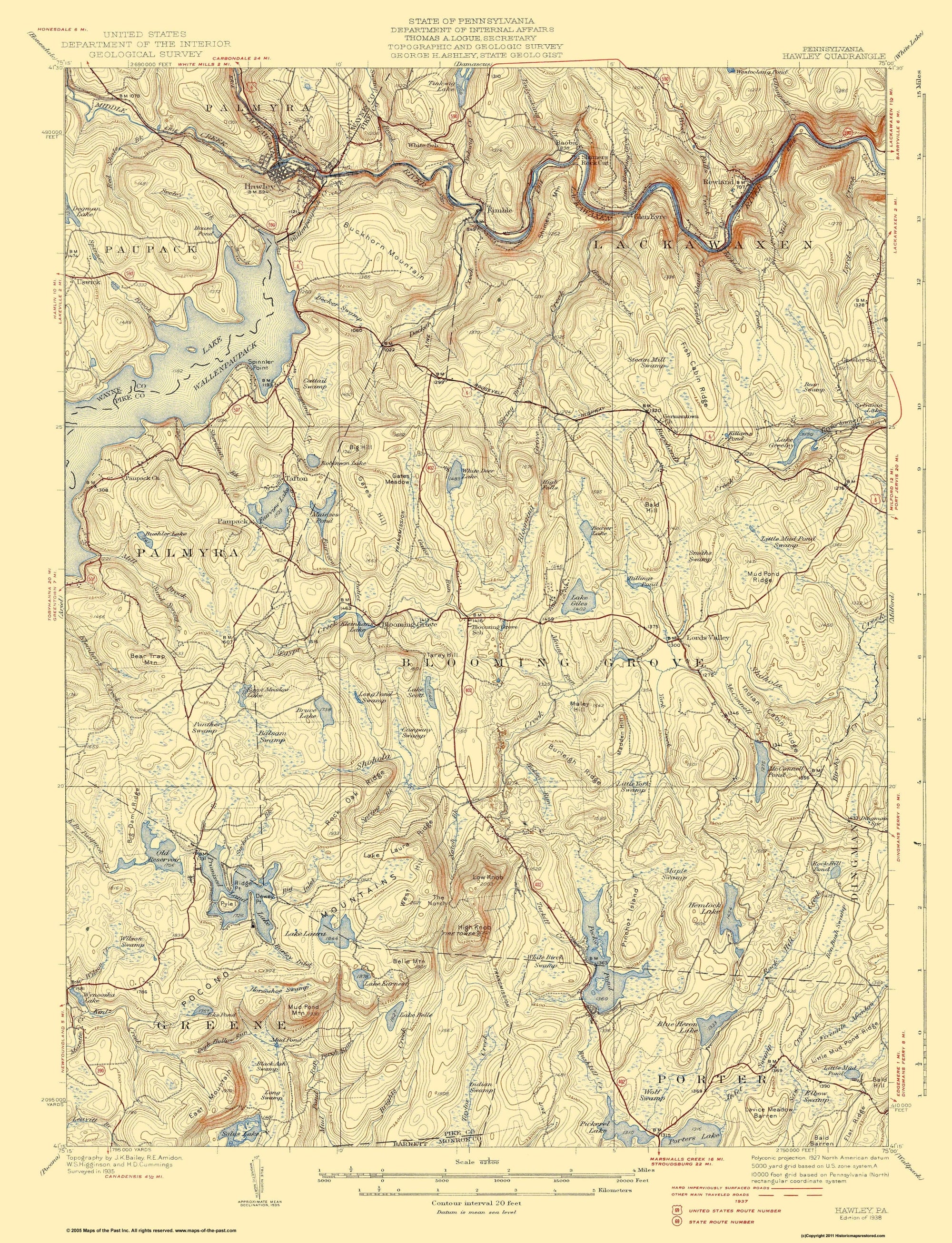 Topographical Map - Hawley Pennsylvania Quad - USGS 1938 - 23 x 30.04 ...