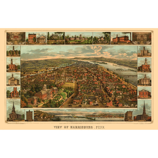 Historic Panoramic View - Harrisburg Pennsylvania - Williams 1855 - 35.75 x 23 - Vintage Wall Art