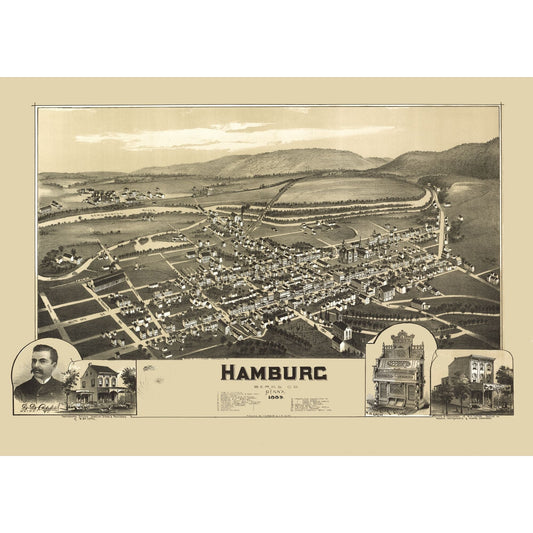 Historic Panoramic View - Hamburg Pennsylvania - Fowler 1889 - 32.35 x 23 - Vintage Wall Art