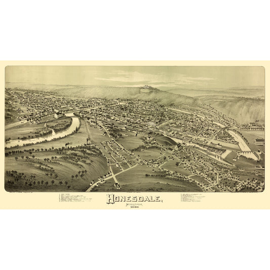 Historic Panoramic View - Honesdale Pennsylvania - Fowler 1890 - 41.70 x 23 - Vintage Wall Art