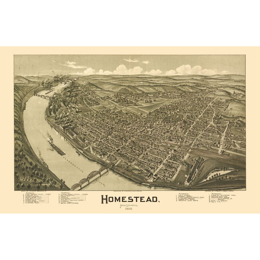 Historic Panoramic View - Homestead Pennsylvania - Fowler 1902 - 35.74 x 23 - Vintage Wall Art