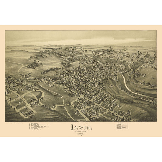 Historic Panoramic View - Irwin Pennsylvania - Fowler 1897 - 33.30 x 23 - Vintage Wall Art