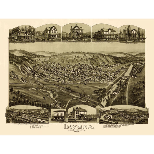 Historic Panoramic View - Irvona Pennsylvania - Fowler 1895 - 30.35 x 23 - Vintage Wall Art