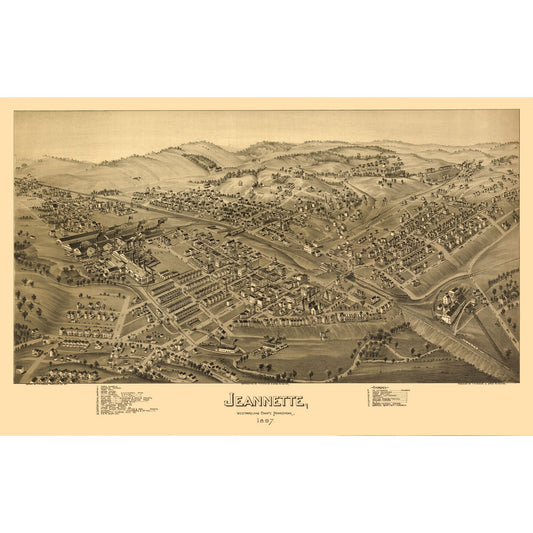 Historic Panoramic View - Jeannette Pennsylvania - Fowler 1897 - 36.23 x 23 - Vintage Wall Art