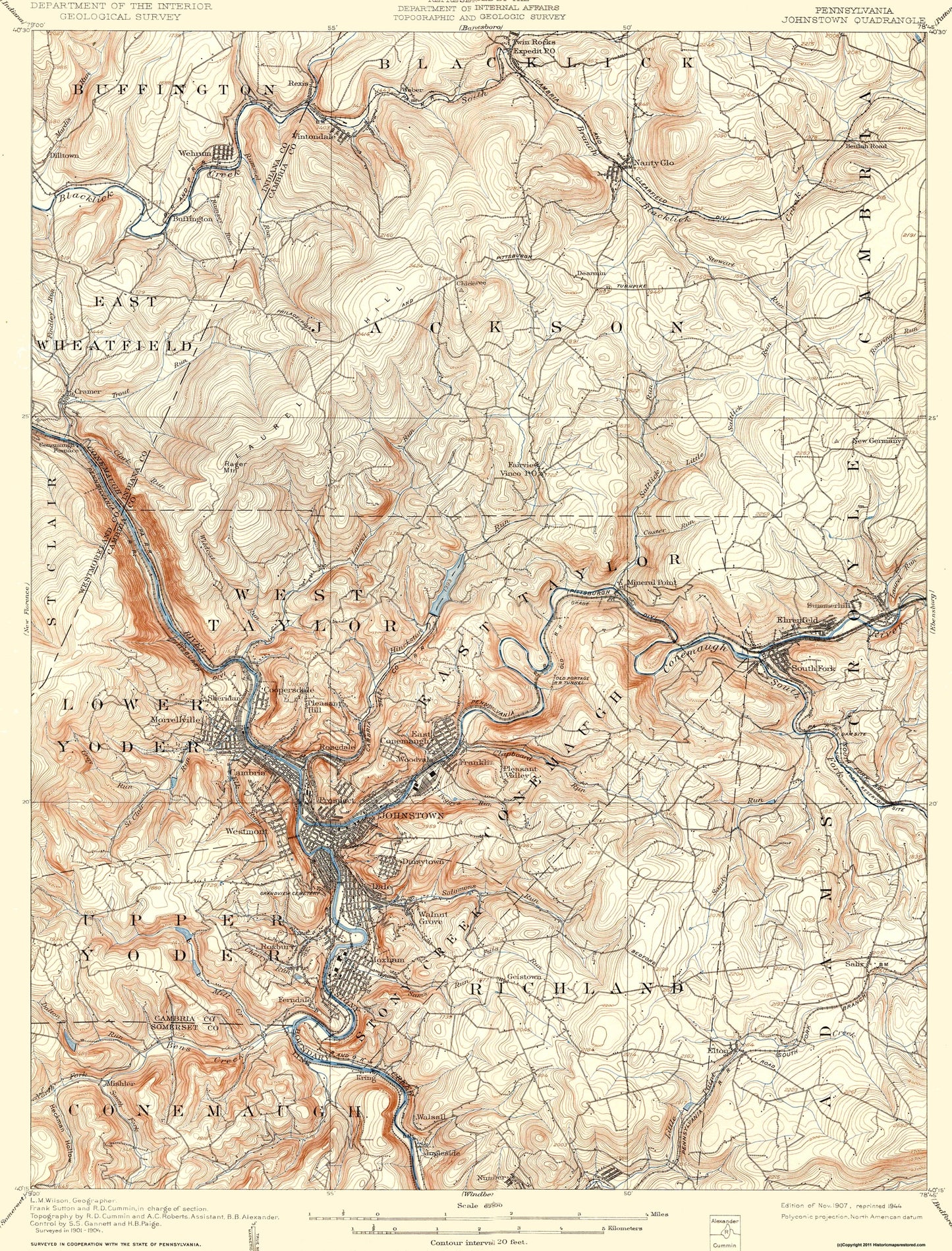 Topographical Map - Johnstown Pennsylvania Quad - USGS 1907 - 23 x 30.19 - Vintage Wall Art