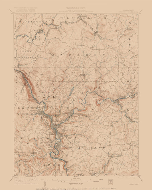 Topographical Map - Johnstown Pennsylvania Quad - USGS 1907 - 23 x 28.71 - Vintage Wall Art