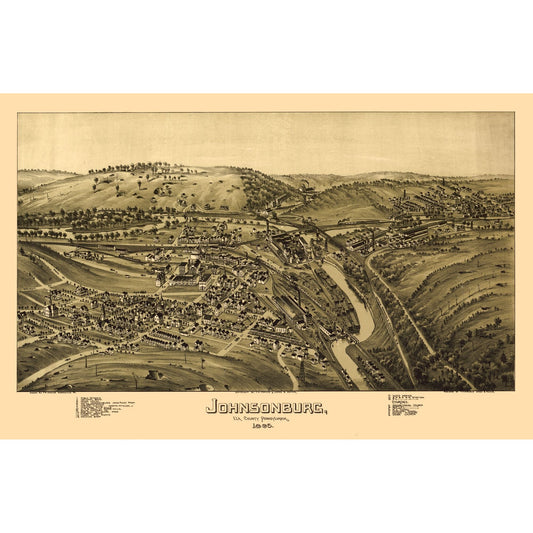 Historic Panoramic View - Johnsonburg Pennsylvania - Fowler 1895 - 35.40 x 23 - Vintage Wall Art