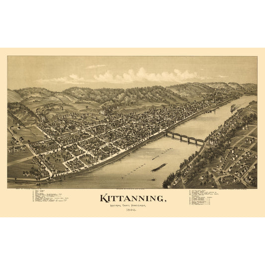 Historic Panoramic View - Kittanning Pennsylvania - Fowler 1896 - 35.93 x 23 - Vintage Wall Art