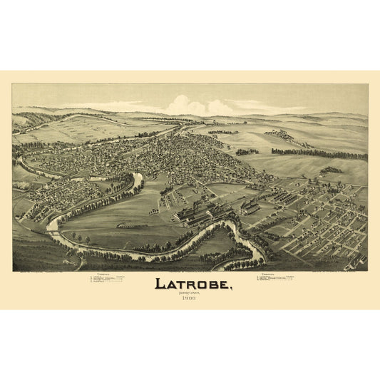 Historic Panoramic View - Latrobe Pennsylvania - Fowler 1900 - 36.48 x 23 - Vintage Wall Art