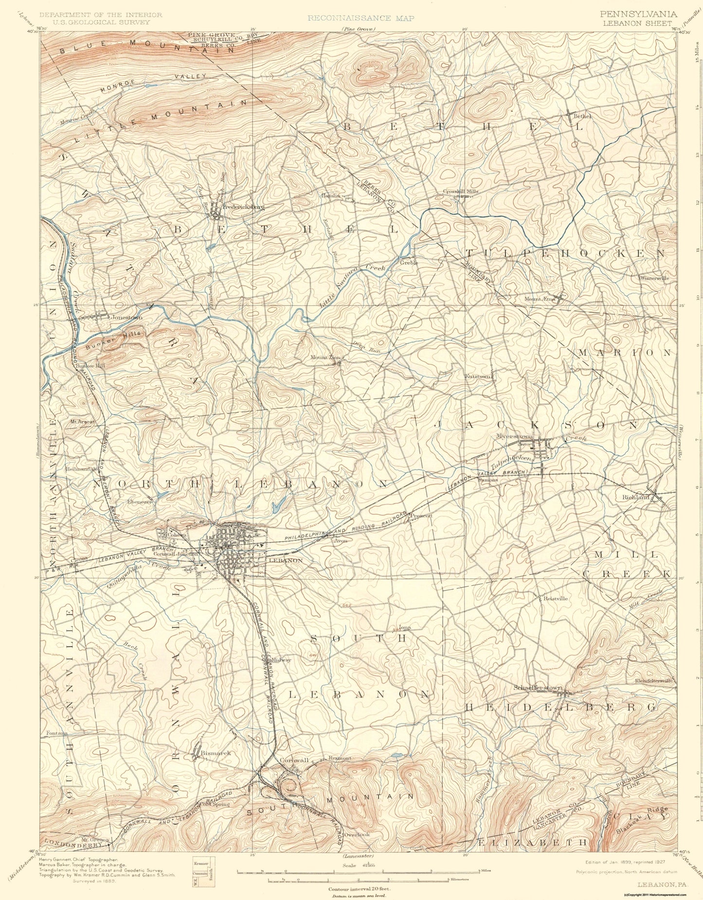 Topographical Map - Lebanon Pennsylvania Quad - USGS 1899 - 23 x 29.44 - Vintage Wall Art