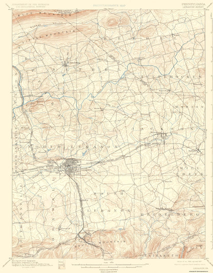 Topographical Map - Lebanon Pennsylvania Quad - USGS 1899 - 23 x 29.44 - Vintage Wall Art