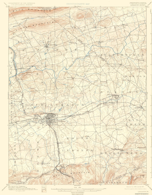 Topographical Map - Lebanon Pennsylvania Quad - USGS 1899 - 23 x 29.44 - Vintage Wall Art