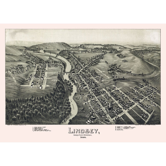 Historic Panoramic View - Lindsey Pennsylvania - Fowler 1895 - 32.14 x 23 - Vintage Wall Art