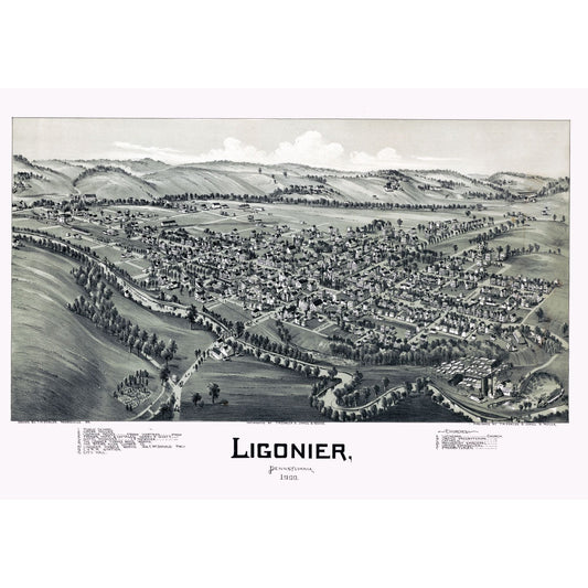 Historic Panoramic View - Ligonier Pennysylvania - Fowler 1900 - 32.90 x 23 - Vintage Wall Art