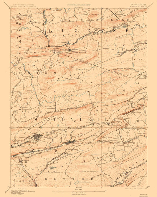 Topographical Map - Mahanoy Pennsylvania Sheet - USGS 1893 - 23 x 28.77 - Vintage Wall Art