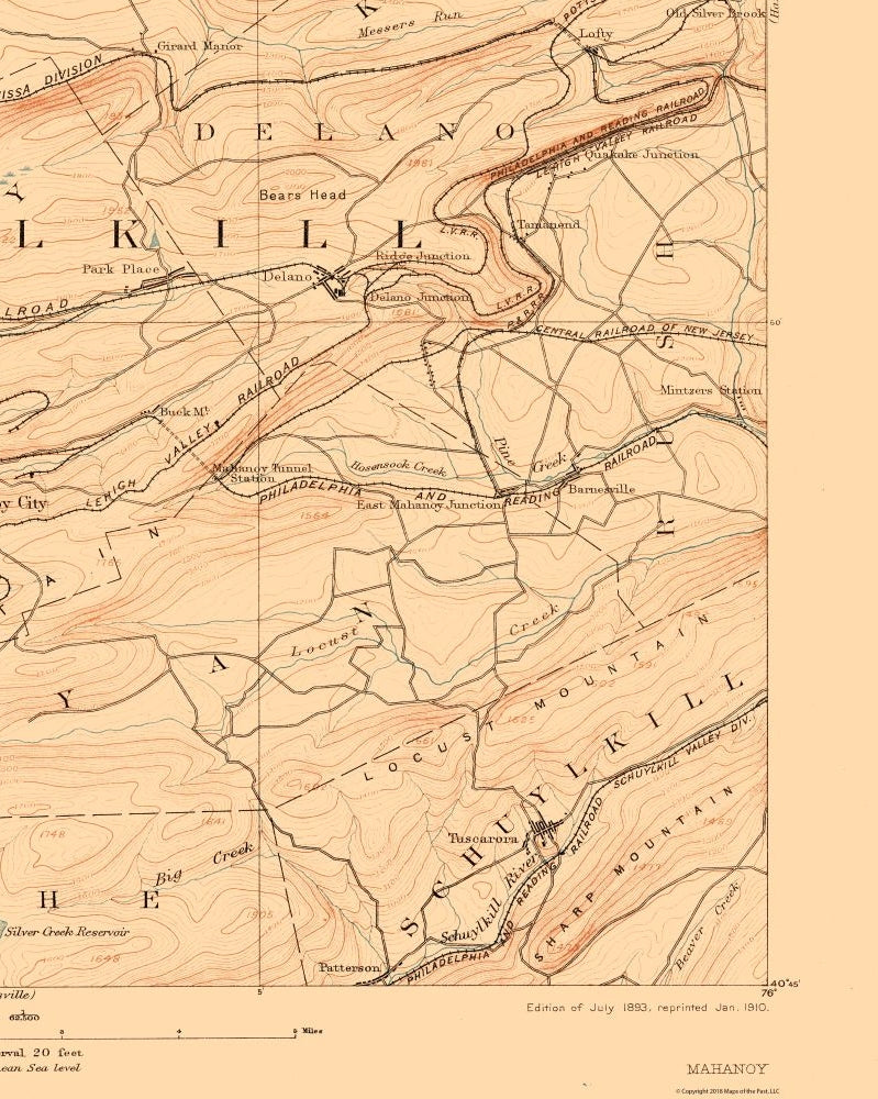 Topographical Map - Mahanoy Pennsylvania Sheet - USGS 1893 - 23 x 28.77 - Vintage Wall Art