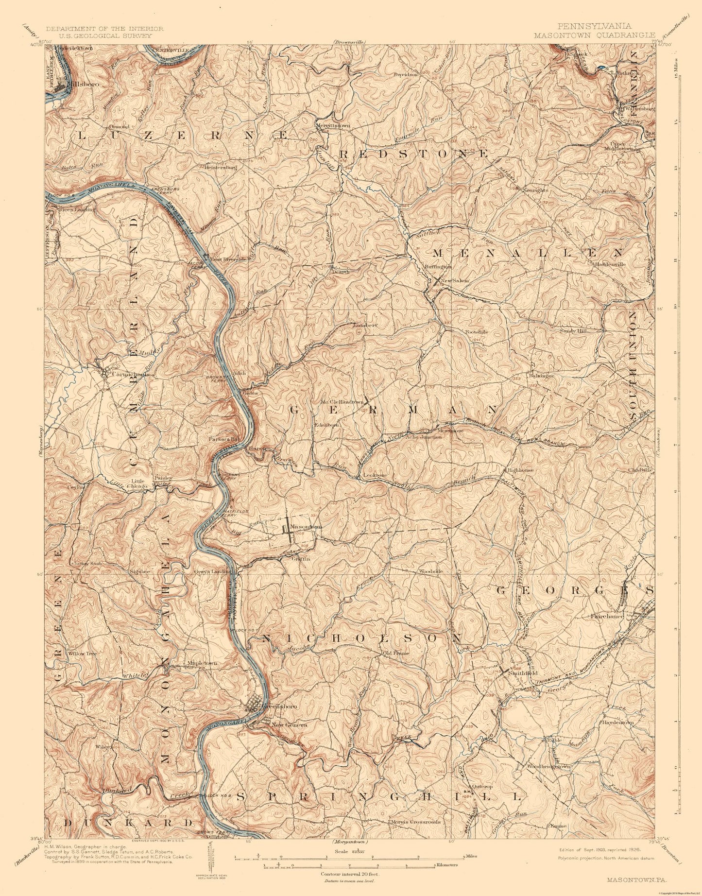 Topographical Map - Masontown Pennsylvania Quad - USGS 1903 - 23 x 29.36 - Vintage Wall Art