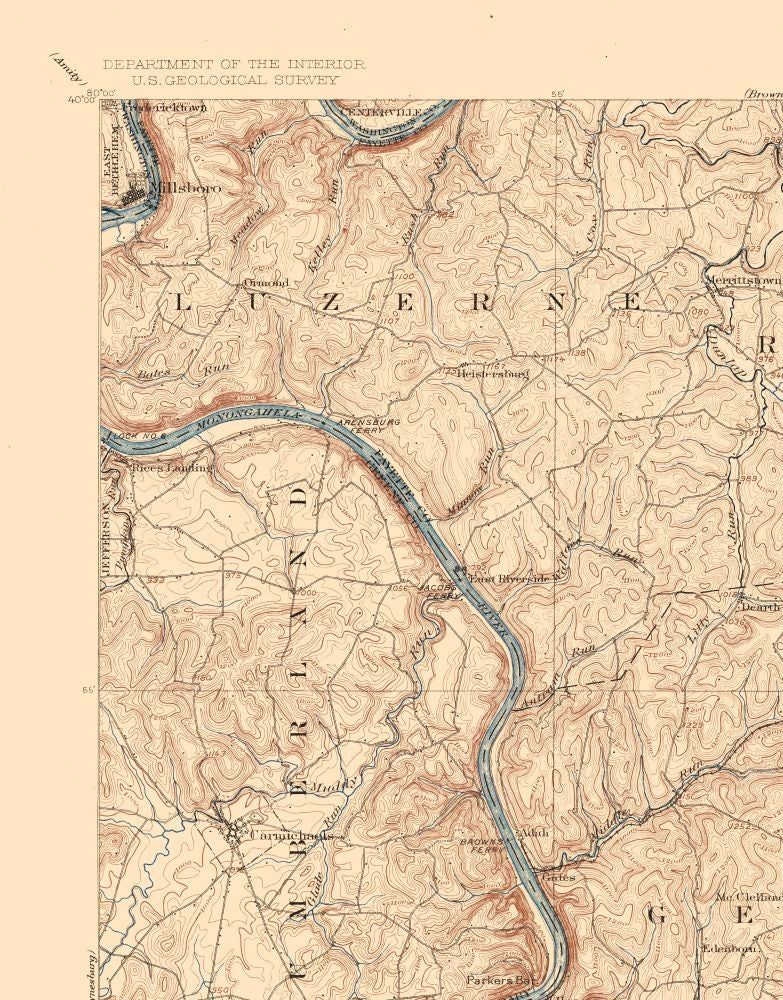 Topographical Map - Masontown Pennsylvania Quad - USGS 1903 - 23 x 29.36 - Vintage Wall Art