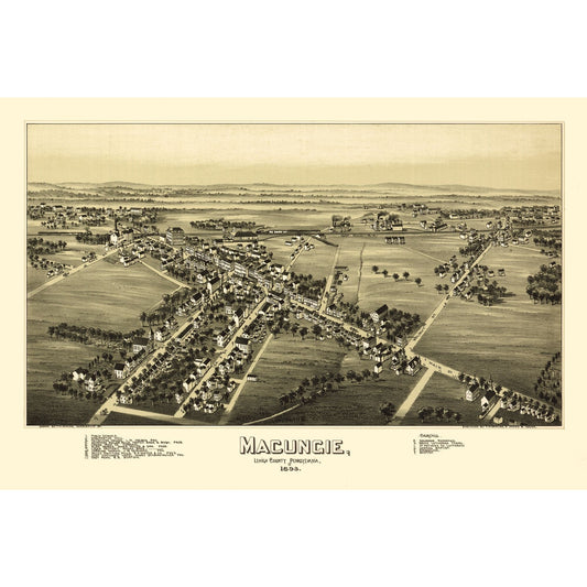 Historic Panoramic View - Macungie Pennsylvania - Fowler 1893 - 34.40 x 23 - Vintage Wall Art