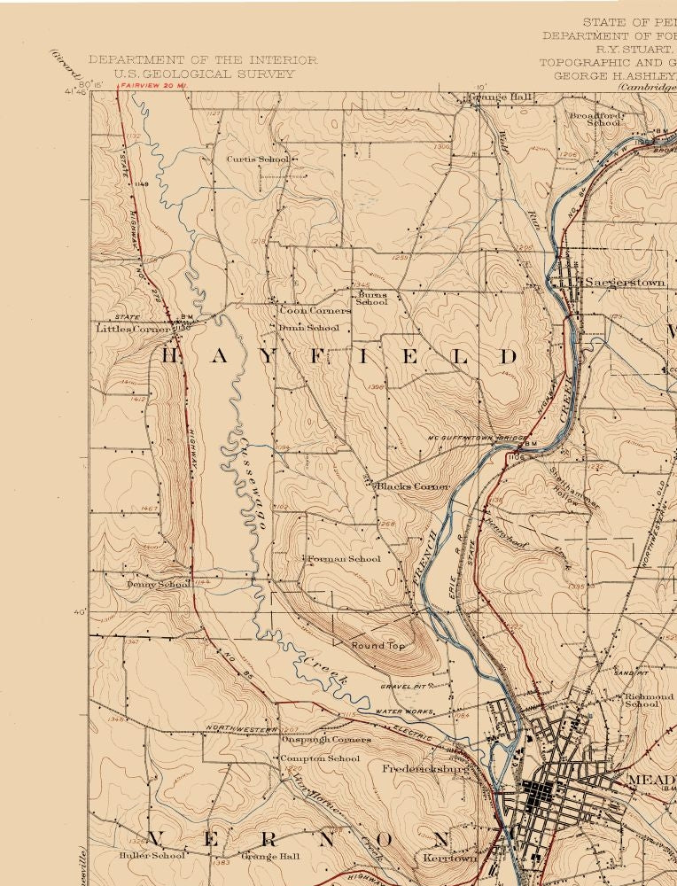 Topographical Map - Meadville Pennsylvania Quad - USGS 1923 - 23 x 30.10 - Vintage Wall Art