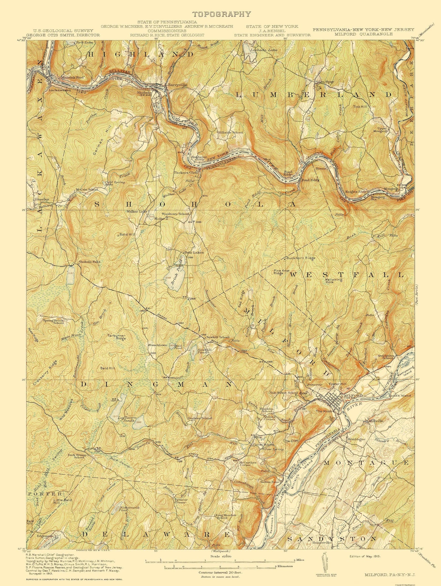 Topographical Map - Milford Pennsylvania New Jersey New York Quad - USGS 1915 - 23 x 30 - Vintage Wall Art