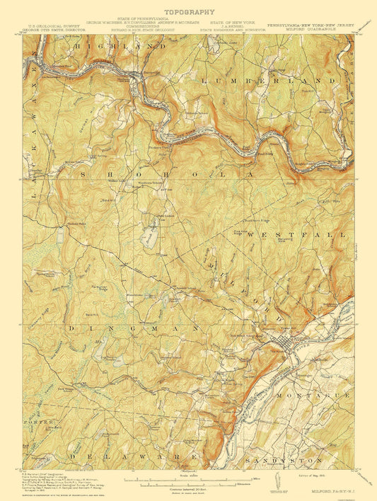 Topographical Map - Milford Pennsylvania New Jersey New York Quad - USGS 1915 - 23 x 30 - Vintage Wall Art