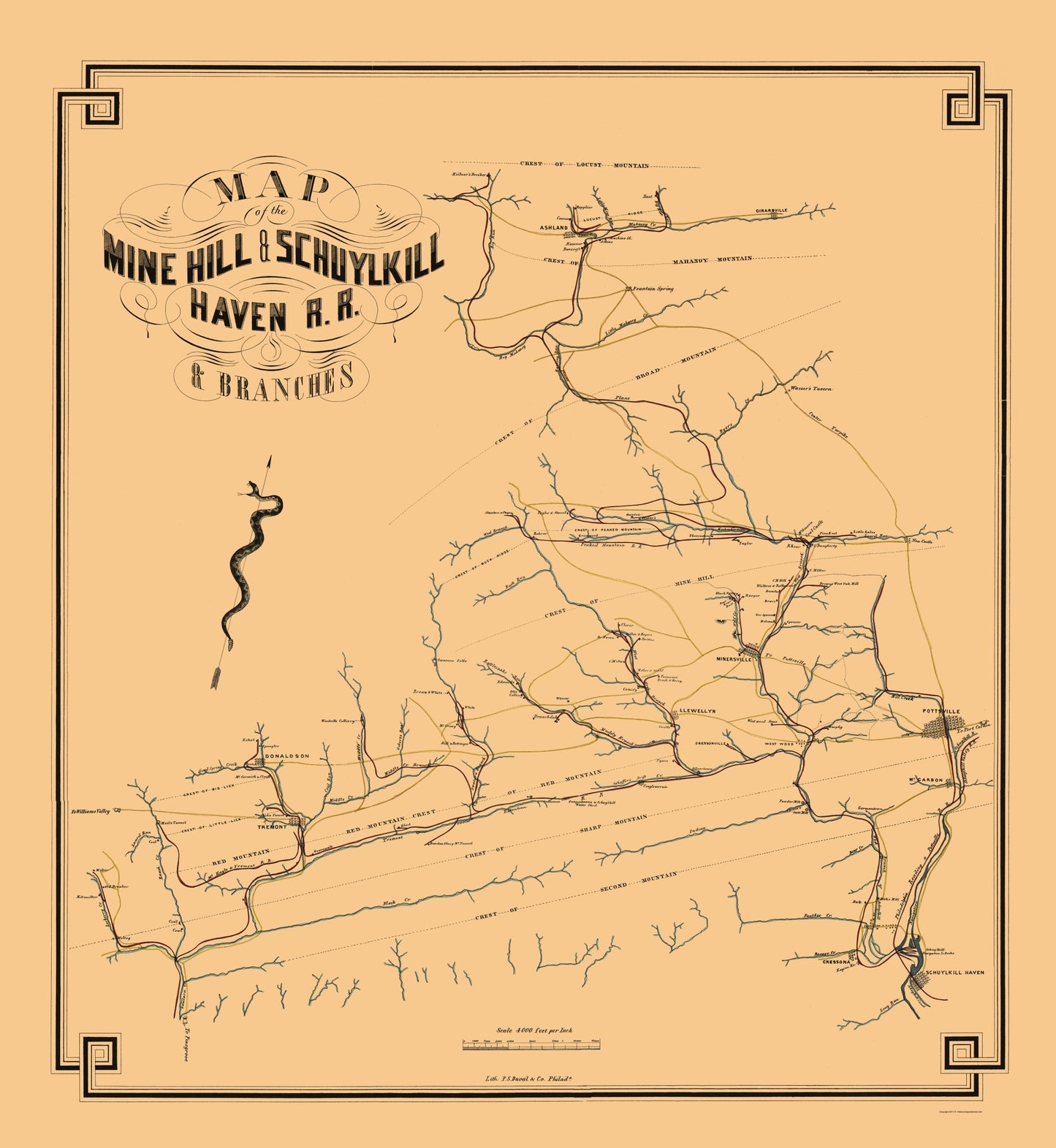 Railroad Map - Mine Hill and Schuylkill Haven Railroad - Duval 1857 - 23 x 25 - Vintage Wall Art