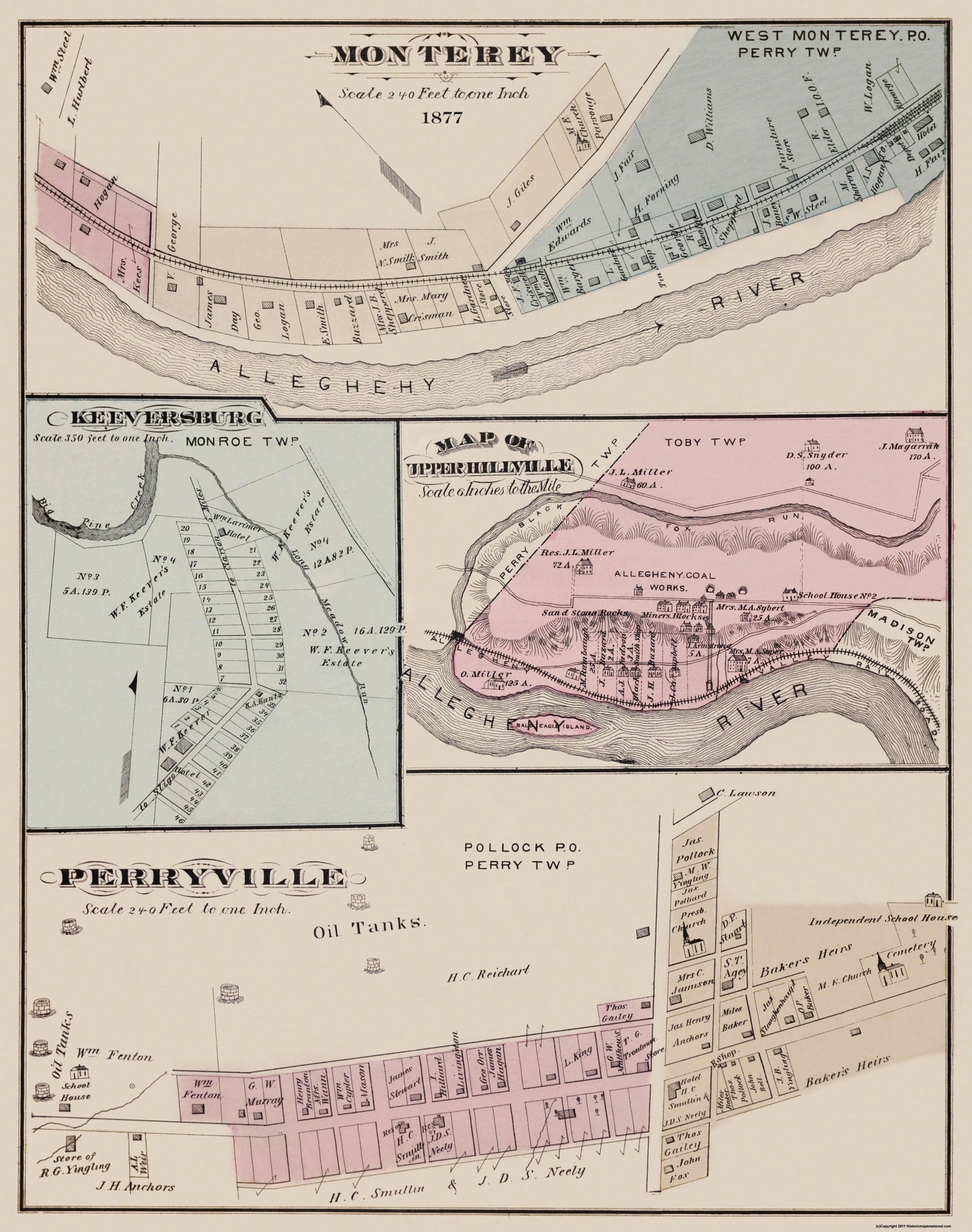 Historic City Map - Monterey Keeversburg Upper Hillville Pennsylvania - Caldwell 1877 - 23x29 - Vintage Wall Art