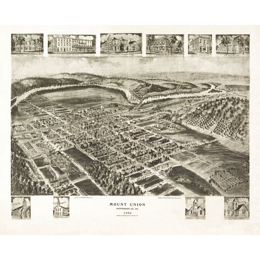 Historic Panoramic View - Mount Union Pennsylvania - Fowler 1906 - Vintage Wall Art
