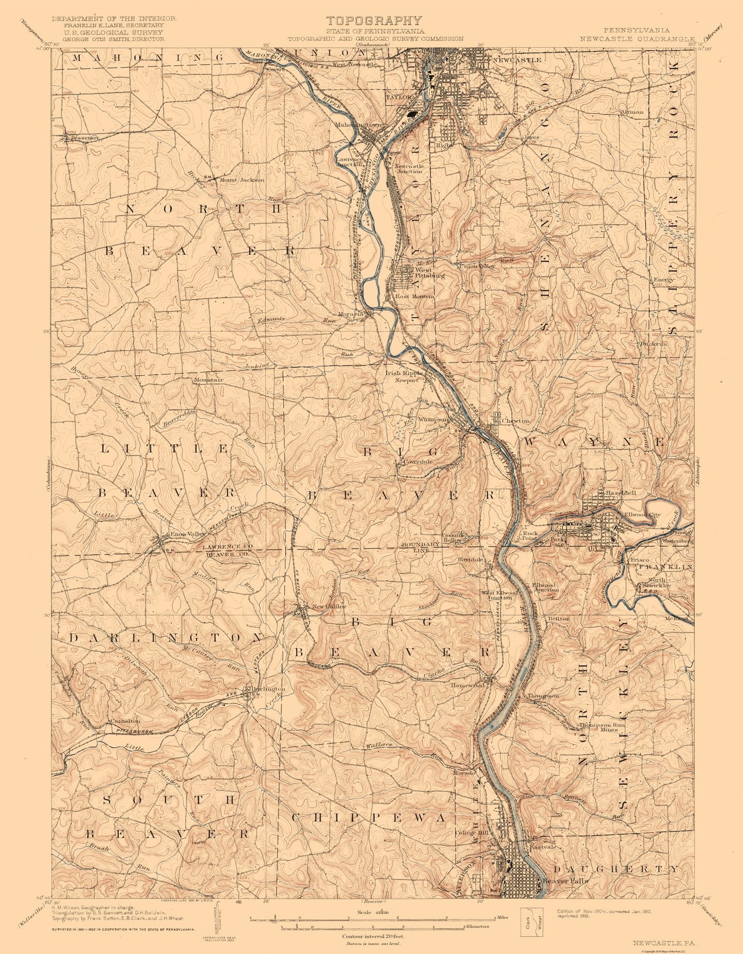 Topographical Map - New Castle Pennsylvania Quad - USGS 1904 - 23 x 29.54 - Vintage Wall Art