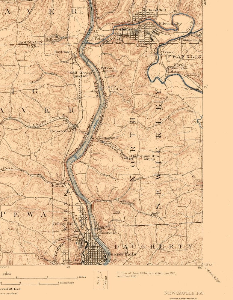 Topographical Map - New Castle Pennsylvania Quad - USGS 1904 - 23 x 29.54 - Vintage Wall Art