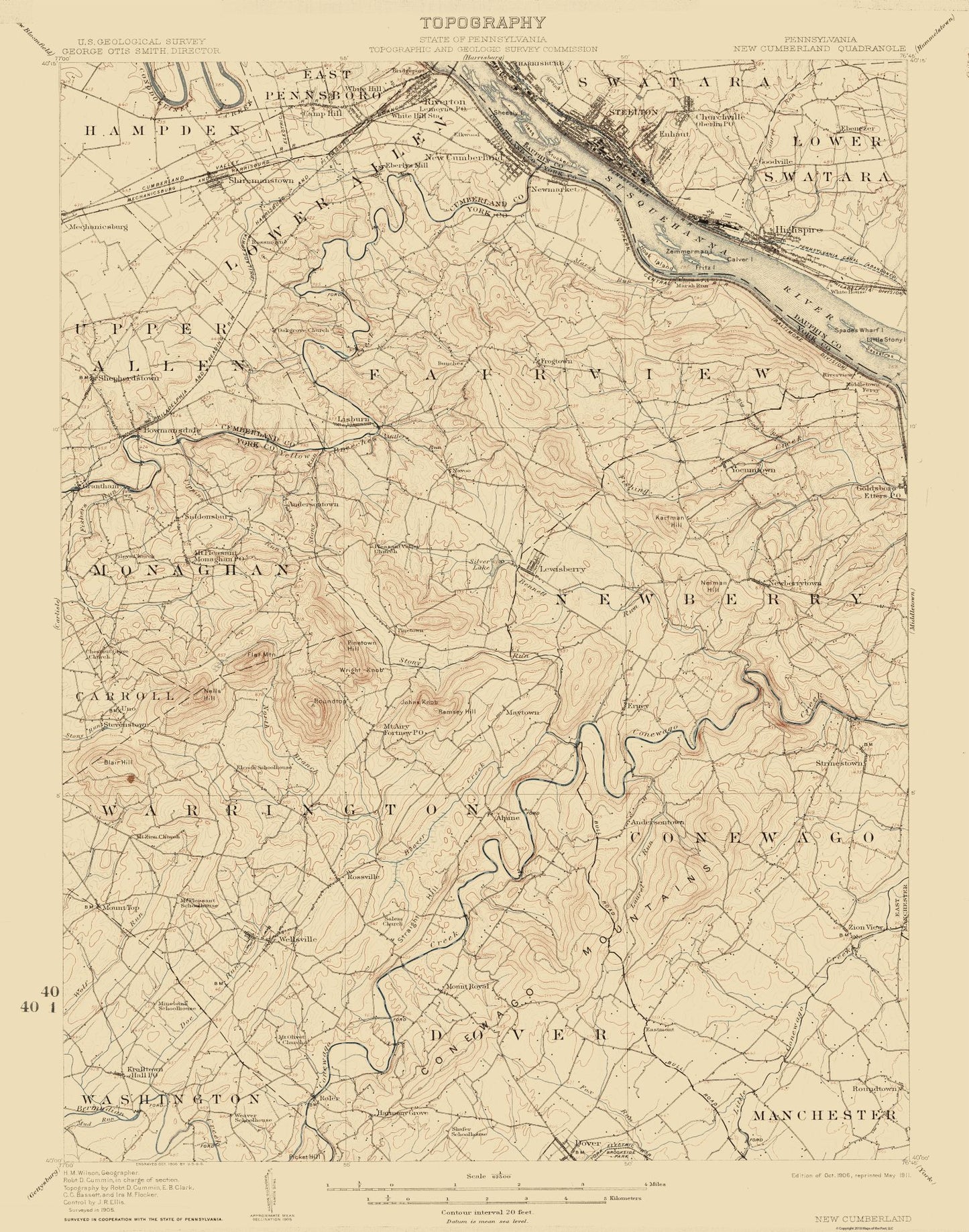 Topographical Map - New Cumberland Pennsylvania Quad - USGS 1906 - 23 x 29.25 - Vintage Wall Art