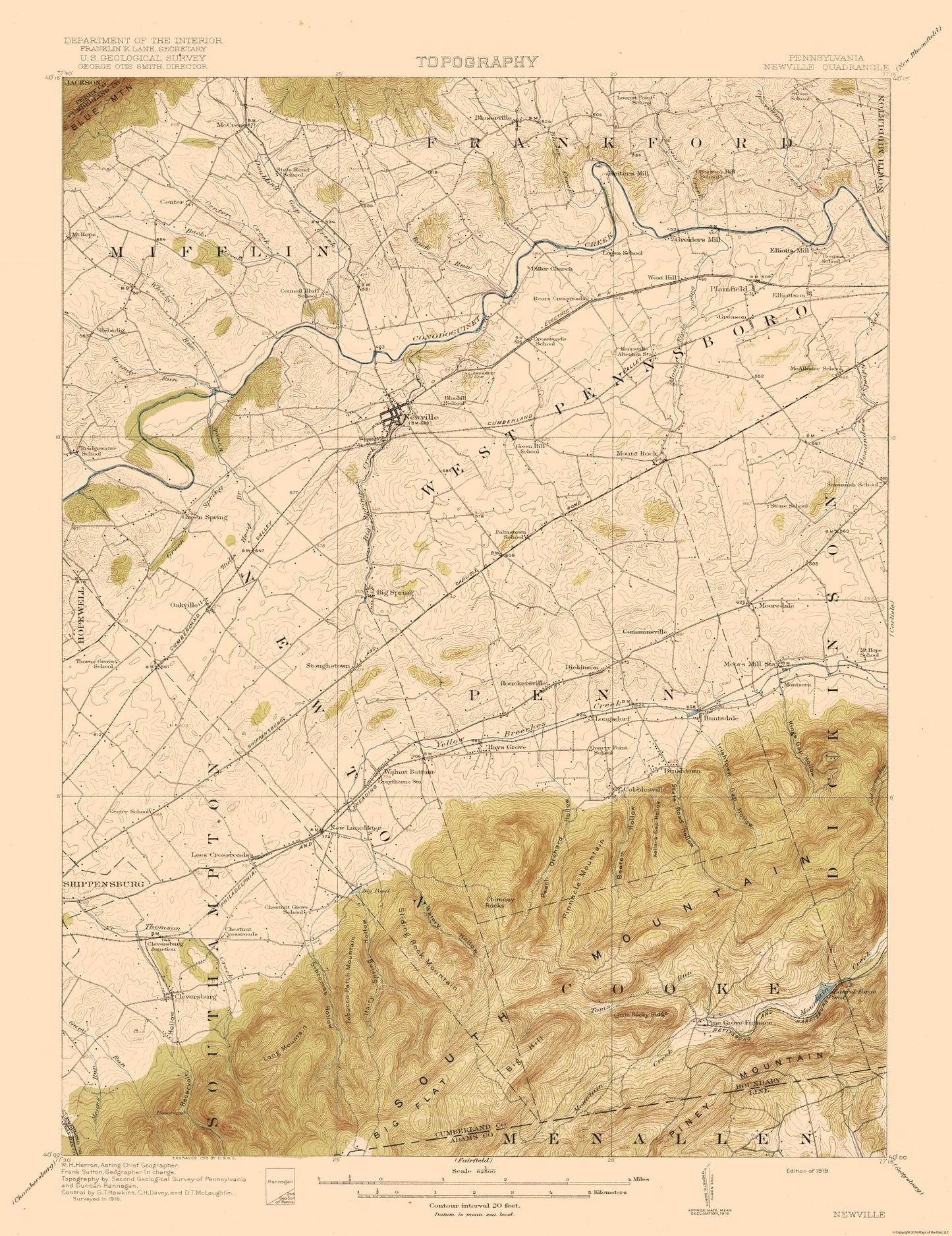 Topographical Map - Newville Pennsylvania Quad - USGS 1919 - 23 x 29.85 - Vintage Wall Art