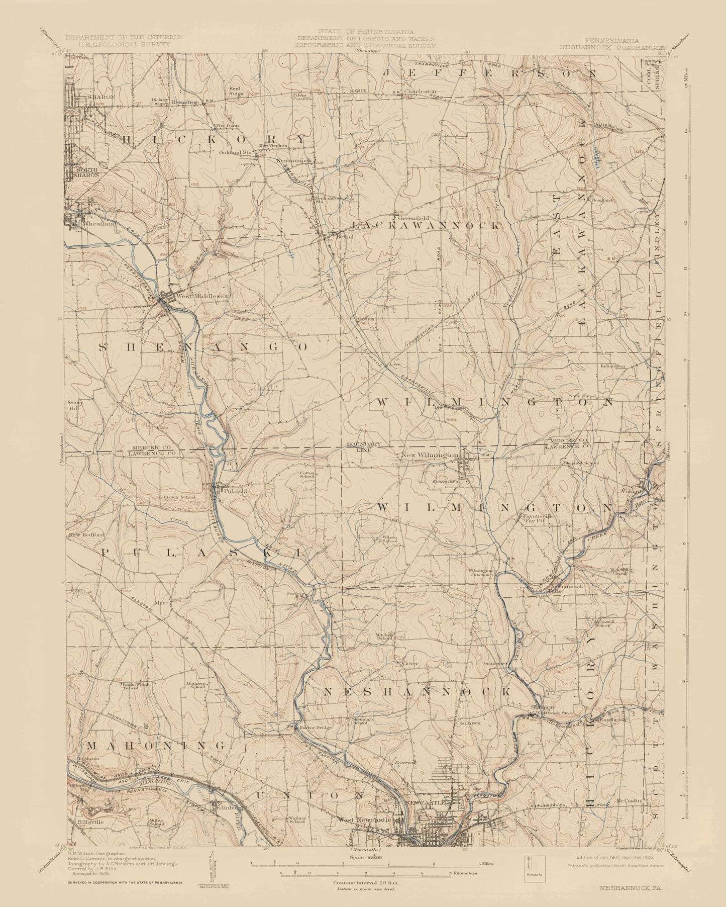 Topographical Map - Neshannock Pennsylvania Quad - USGS 1907 - 23 x 28.72 - Vintage Wall Art