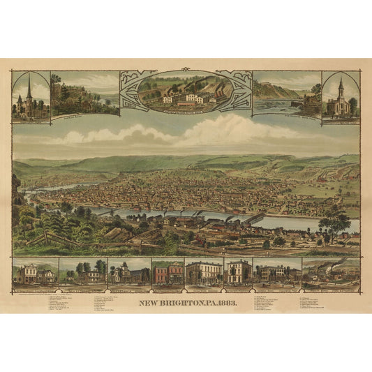 Historic Panoramic View - New Brighton Pennsylvania - Corbin 1883 - Vintage Wall Art