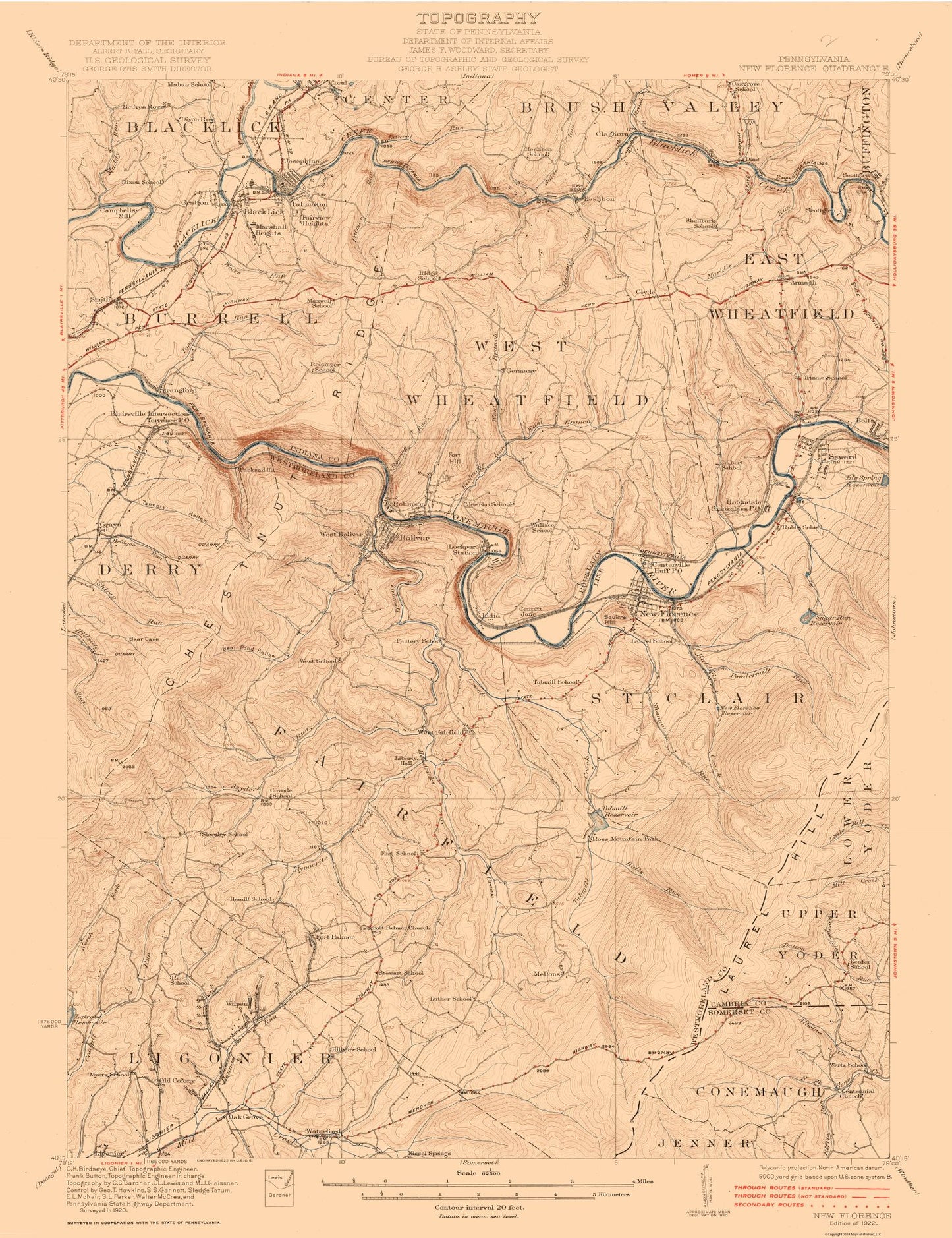 Topographical Map - New Florence Pennsylvania Quad - USGS 1922 - 23 x 29.88 - Vintage Wall Art